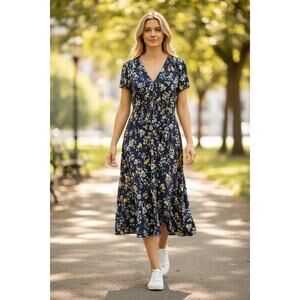London Times Navy Floral Dress with Ruched Waist & Shoulders Sz 10 NWT